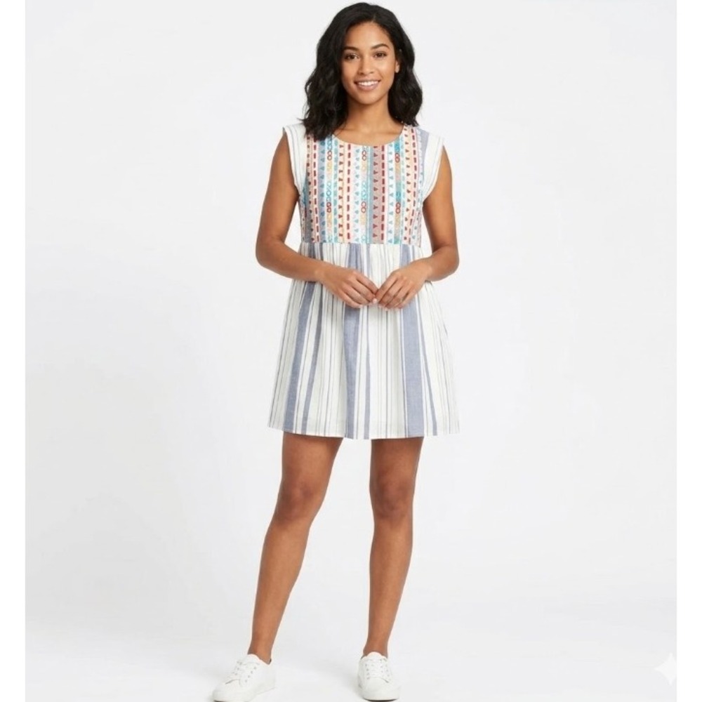 Savanna Jane Blue White Striped Embroidered Boho Mini Dress size Large